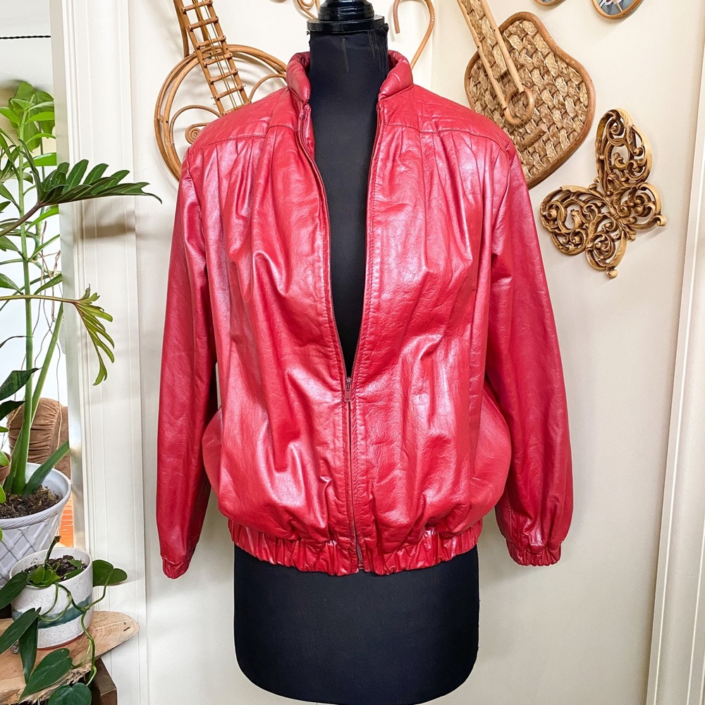 Vintage 80s Red Leather Bomber Jacket